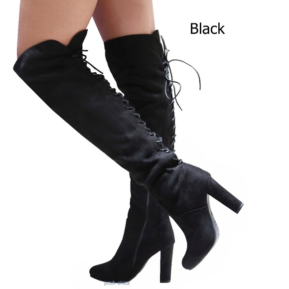 New Black Lace Up Over the Knee High Heel Boots - Picture 2 of 4